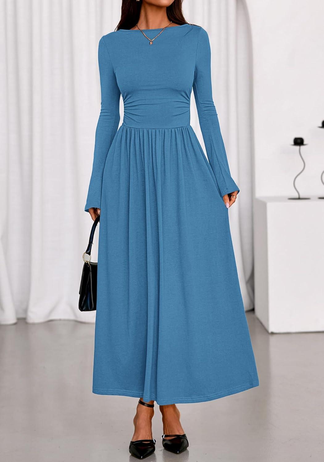 imageBTFBM Long Sleeve Maxi Dresses for Women 2025 Fall Casual Ruched Boat Neck Flowy Elegant Formal Wedding Guest DressBlue