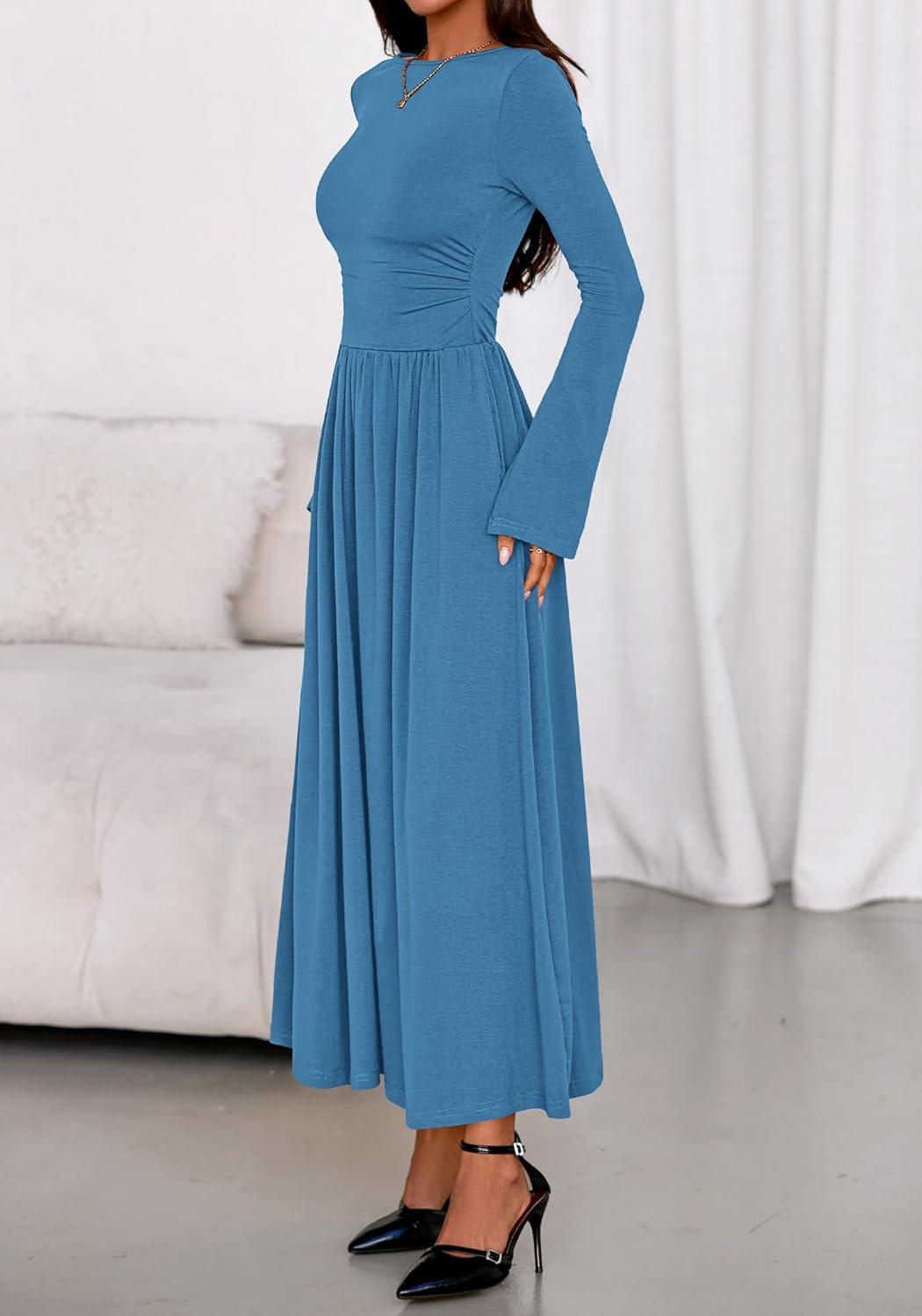 imageBTFBM Long Sleeve Maxi Dresses for Women 2025 Fall Casual Ruched Boat Neck Flowy Elegant Formal Wedding Guest DressBlue