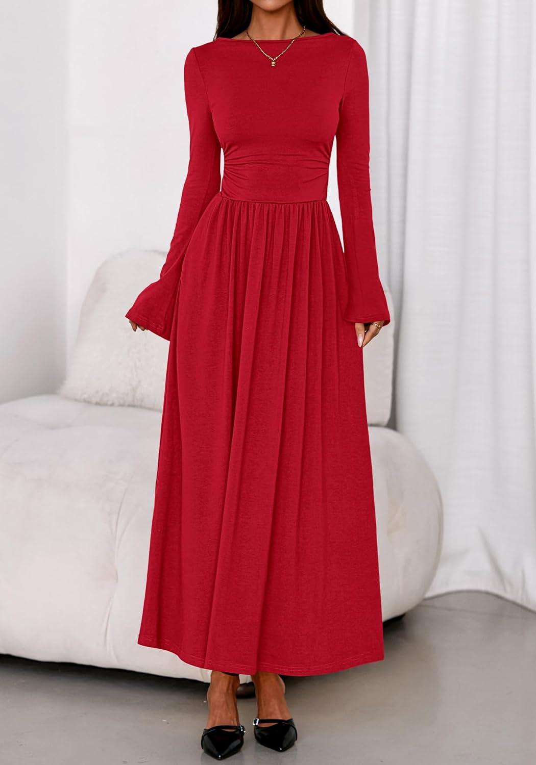 imageBTFBM Long Sleeve Maxi Dresses for Women 2025 Fall Casual Ruched Boat Neck Flowy Elegant Formal Wedding Guest DressRed
