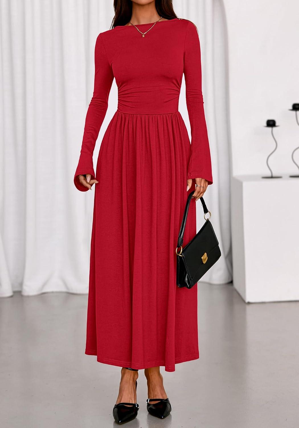 imageBTFBM Long Sleeve Maxi Dresses for Women 2025 Fall Casual Ruched Boat Neck Flowy Elegant Formal Wedding Guest DressRed