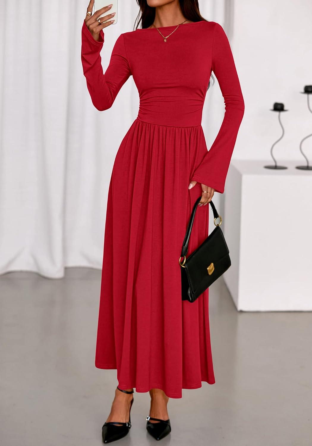 imageBTFBM Long Sleeve Maxi Dresses for Women 2025 Fall Casual Ruched Boat Neck Flowy Elegant Formal Wedding Guest DressRed