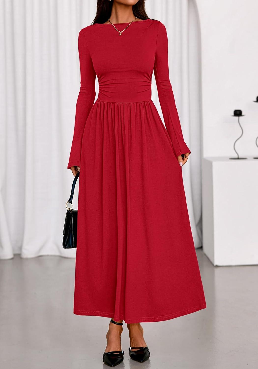 imageBTFBM Long Sleeve Maxi Dresses for Women 2025 Fall Casual Ruched Boat Neck Flowy Elegant Formal Wedding Guest DressRed