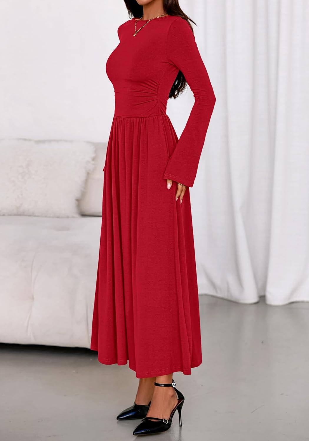imageBTFBM Long Sleeve Maxi Dresses for Women 2025 Fall Casual Ruched Boat Neck Flowy Elegant Formal Wedding Guest DressRed