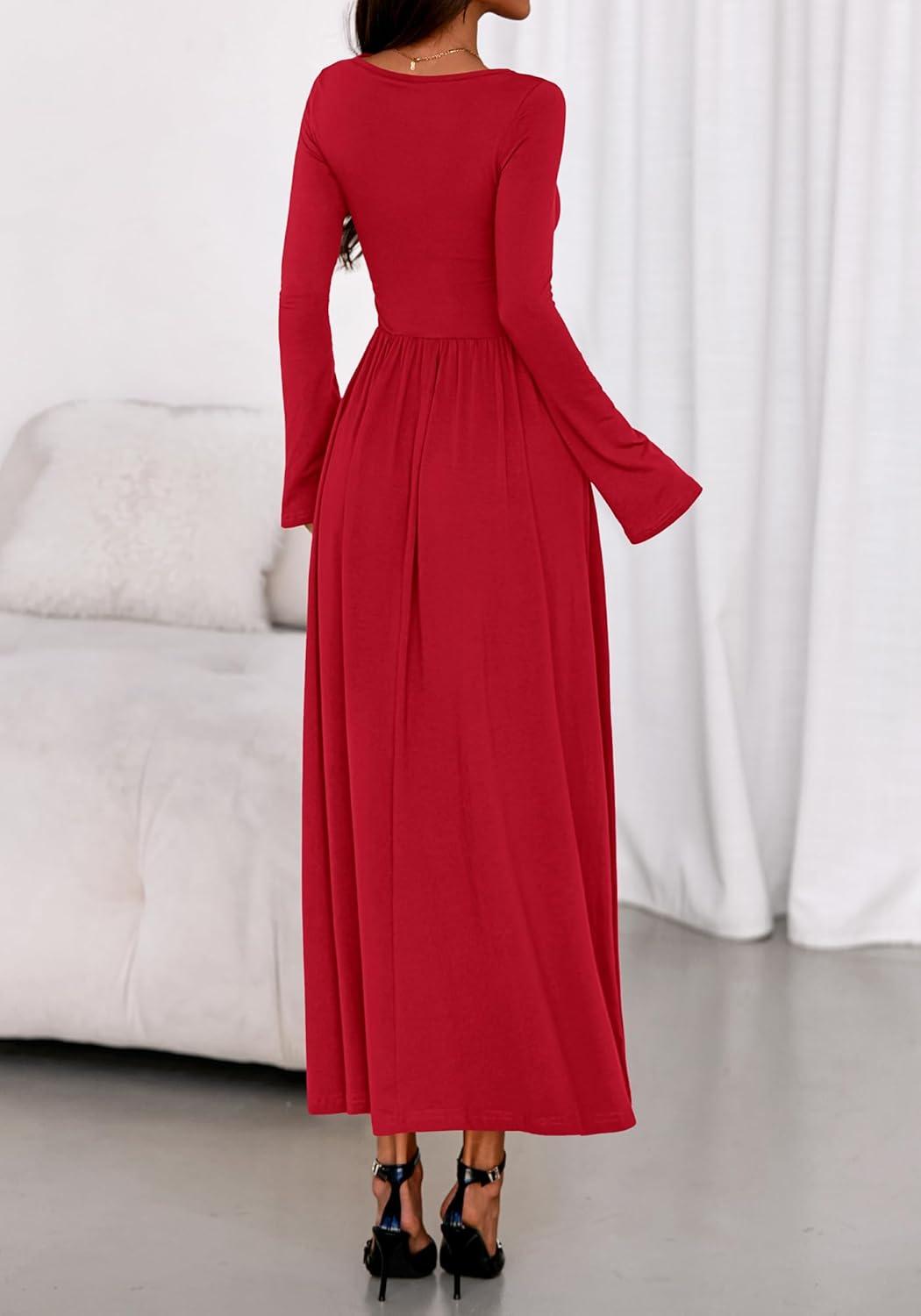 imageBTFBM Long Sleeve Maxi Dresses for Women 2025 Fall Casual Ruched Boat Neck Flowy Elegant Formal Wedding Guest DressRed