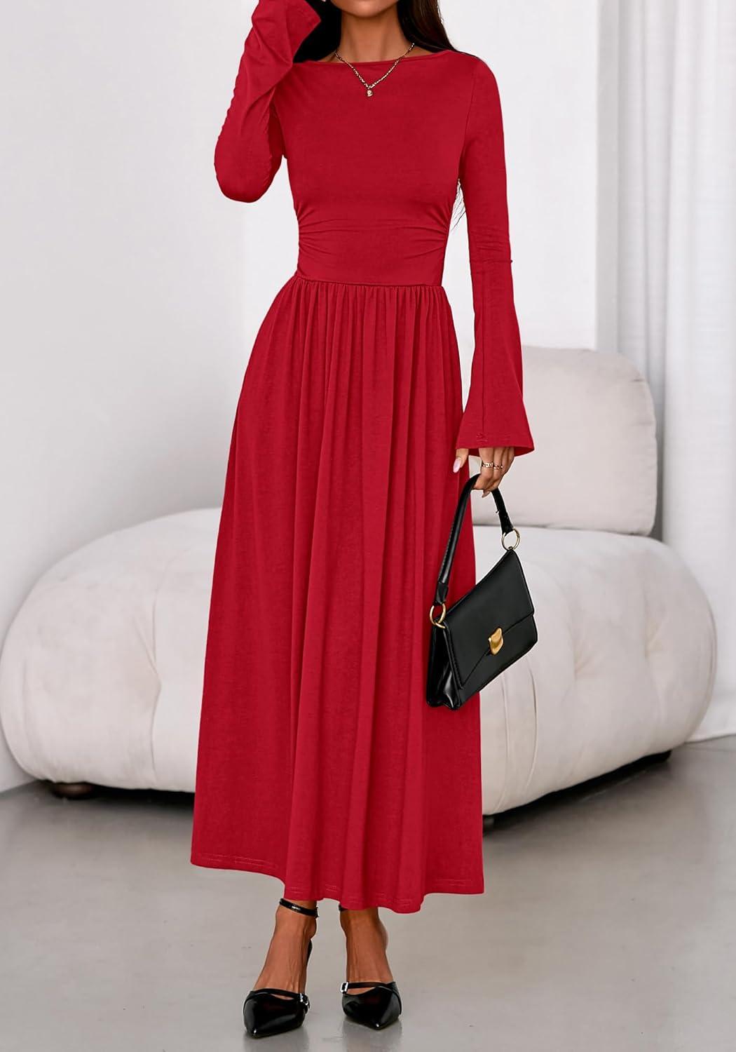 imageBTFBM Long Sleeve Maxi Dresses for Women 2025 Fall Casual Ruched Boat Neck Flowy Elegant Formal Wedding Guest DressRed