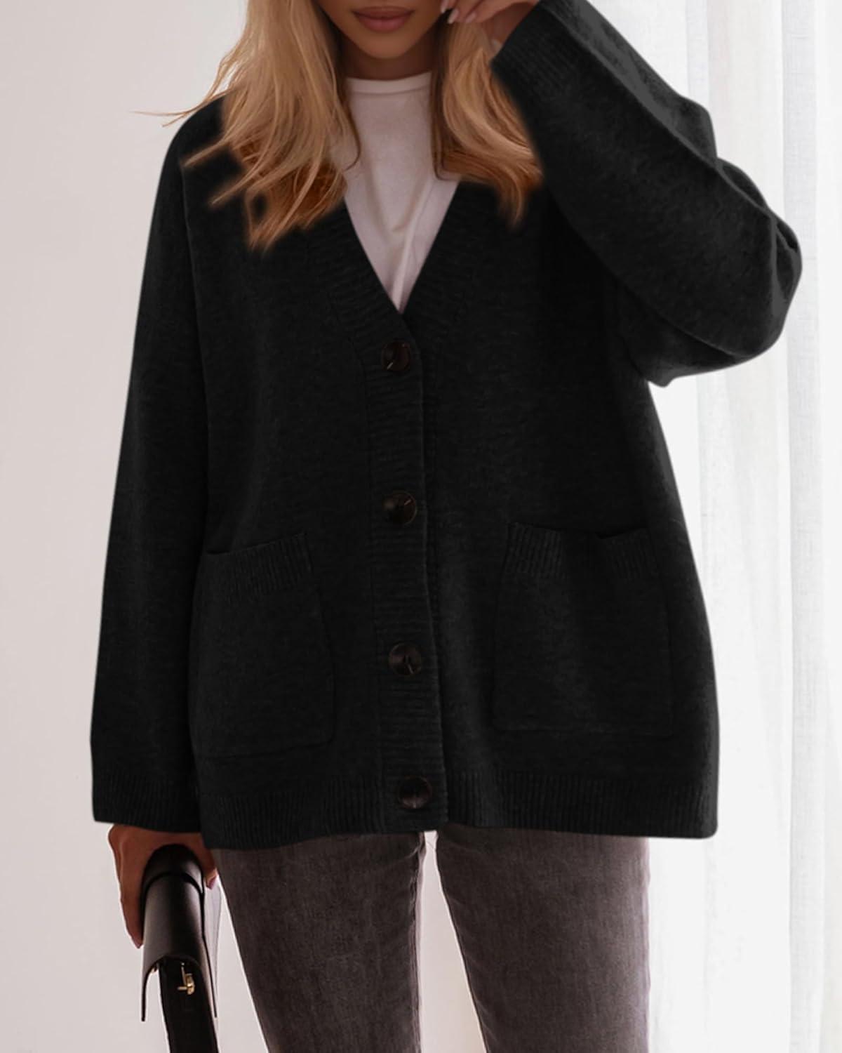 imageBTFBM Oversized Cardigan Sweaters for Women Trendy Fall Fashion 2025 Button Down Long Sleeve Chunky Knit CardigansBlack