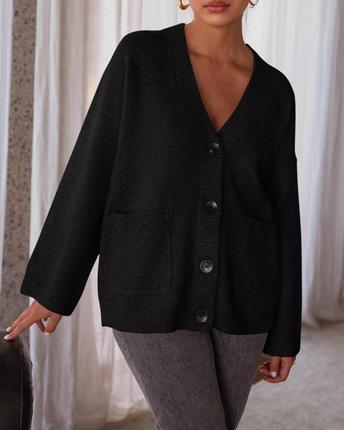imageBTFBM Oversized Cardigan Sweaters for Women Trendy Fall Fashion 2025 Button Down Long Sleeve Chunky Knit CardigansBlack