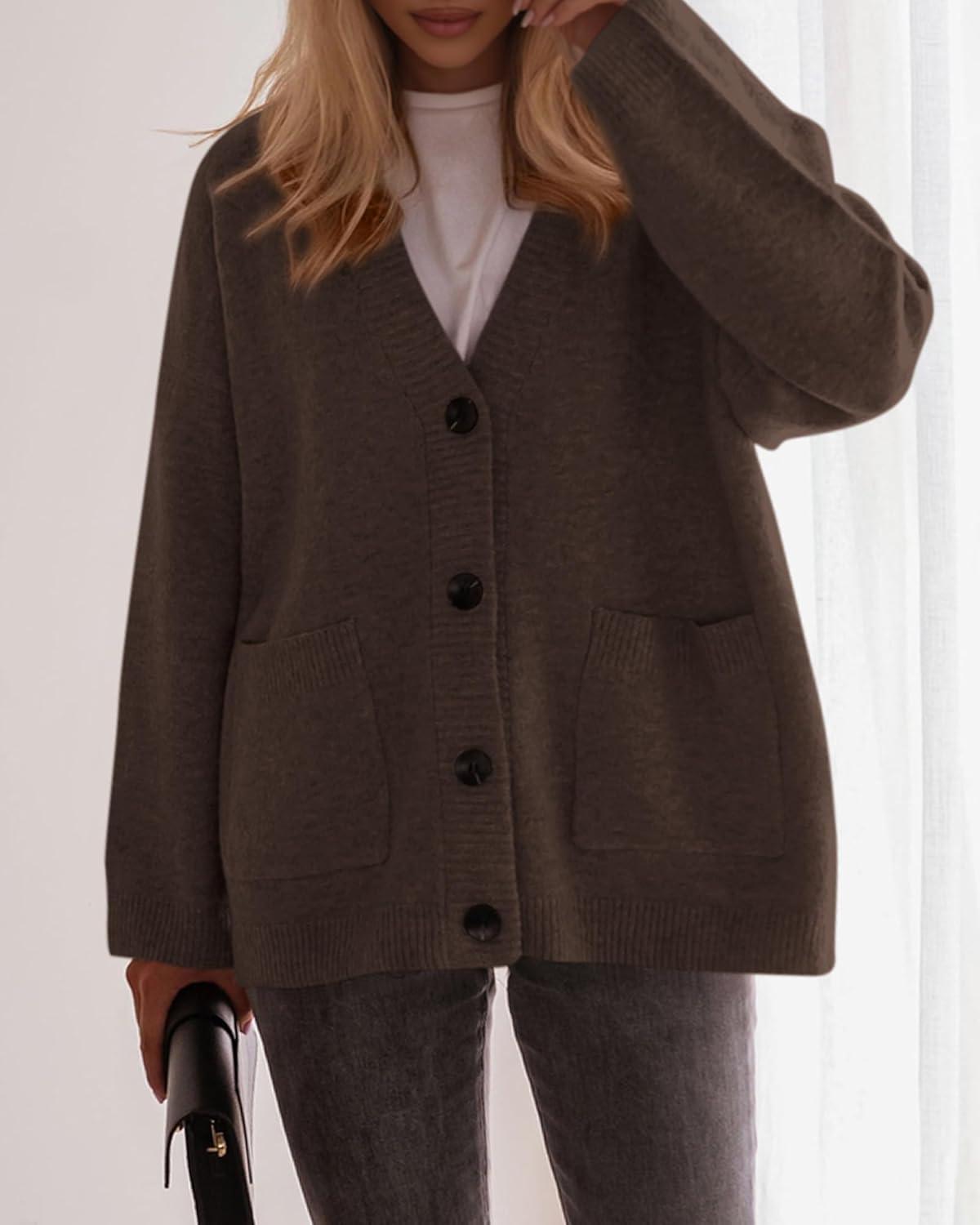 imageBTFBM Oversized Cardigan Sweaters for Women Trendy Fall Fashion 2025 Button Down Long Sleeve Chunky Knit CardigansBrown