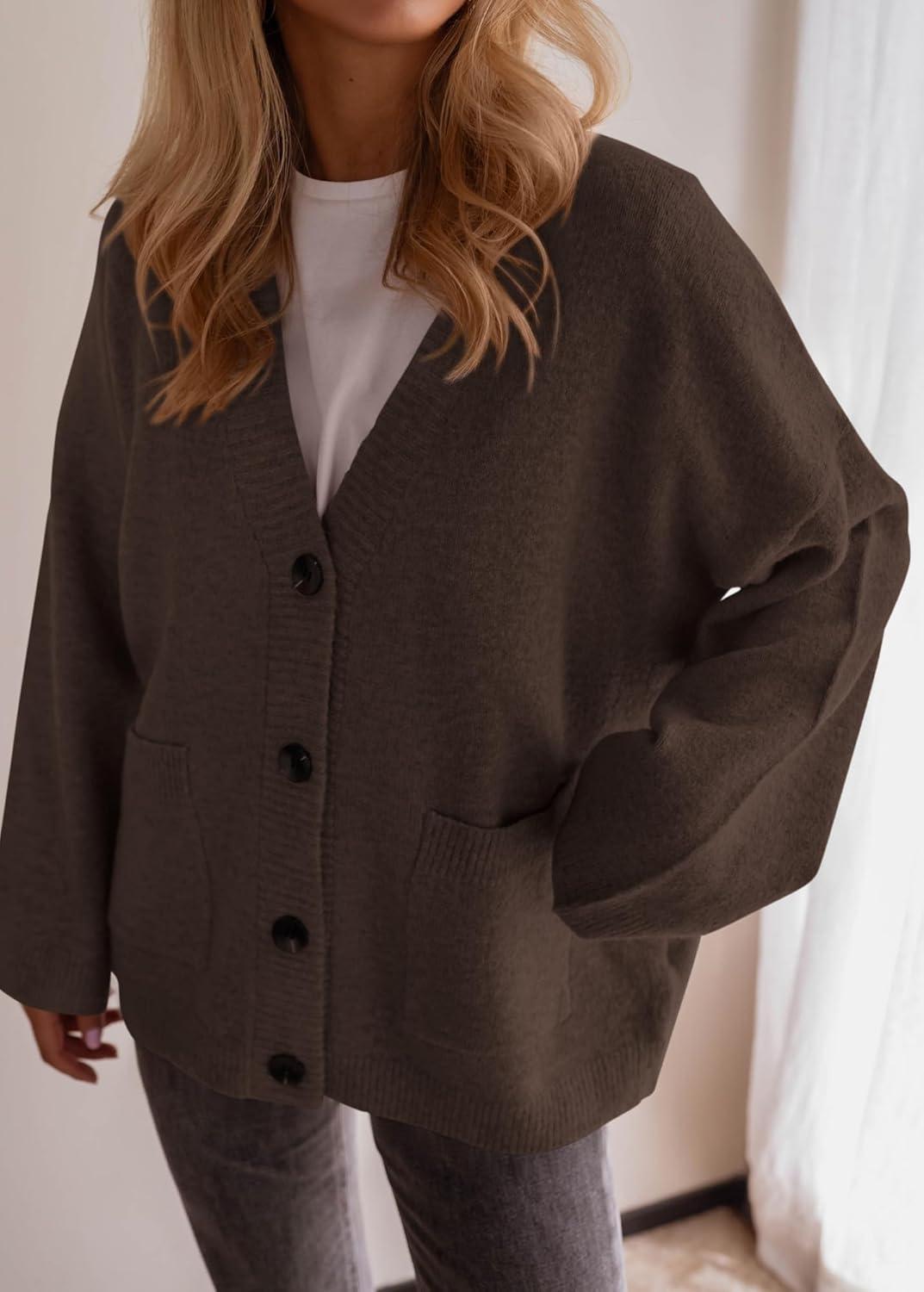 imageBTFBM Oversized Cardigan Sweaters for Women Trendy Fall Fashion 2025 Button Down Long Sleeve Chunky Knit CardigansBrown