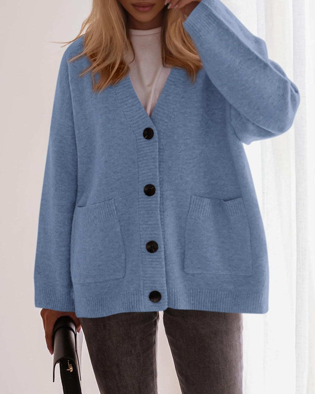 imageBTFBM Oversized Cardigan Sweaters for Women Trendy Fall Fashion 2025 Button Down Long Sleeve Chunky Knit CardigansGrey Blue