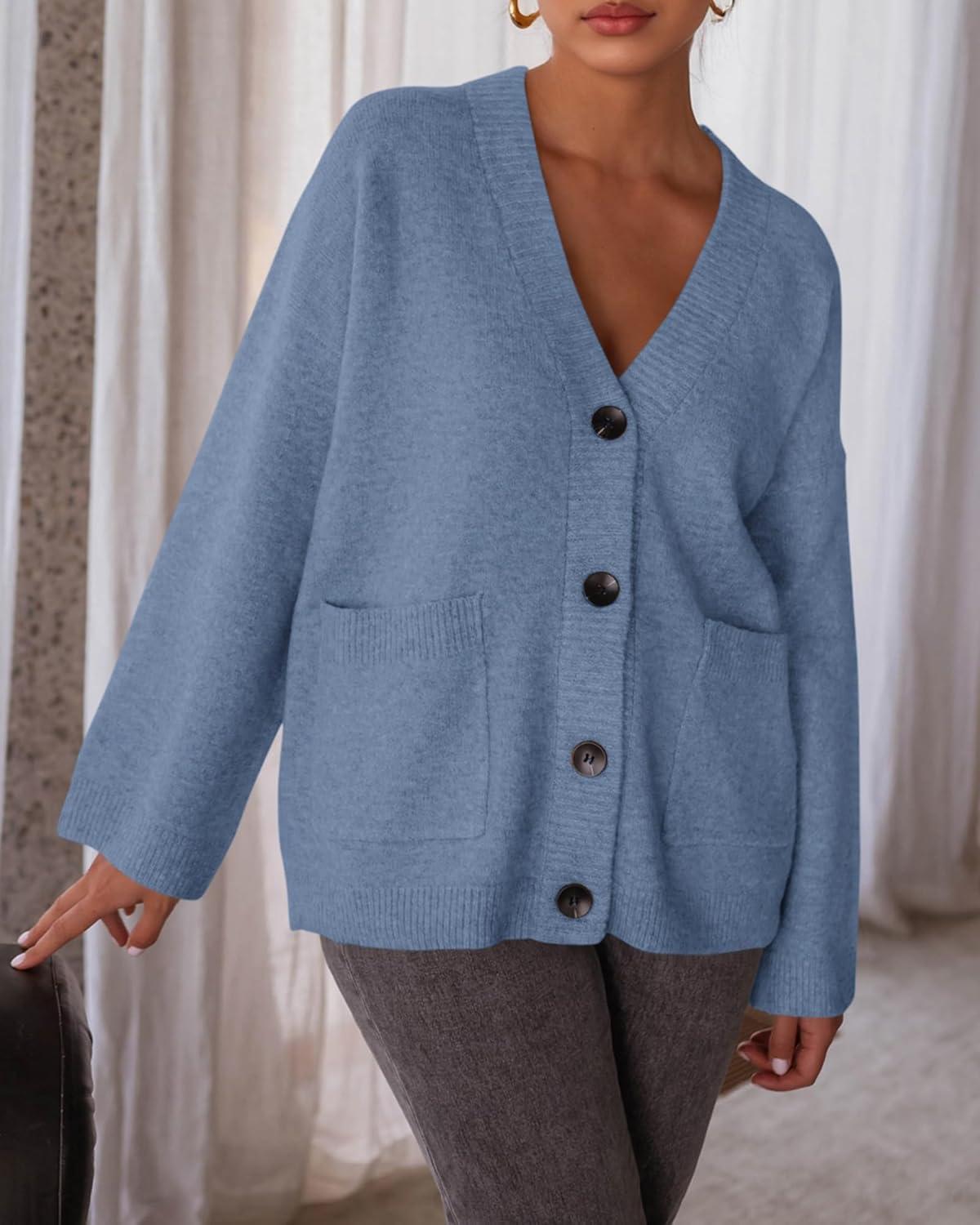 imageBTFBM Oversized Cardigan Sweaters for Women Trendy Fall Fashion 2025 Button Down Long Sleeve Chunky Knit CardigansGrey Blue