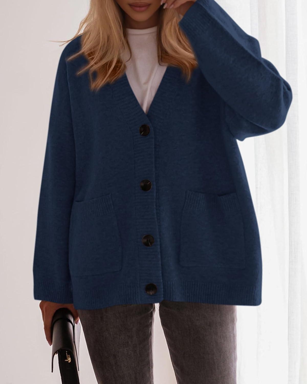 imageBTFBM Oversized Cardigan Sweaters for Women Trendy Fall Fashion 2025 Button Down Long Sleeve Chunky Knit CardigansNavy Blue