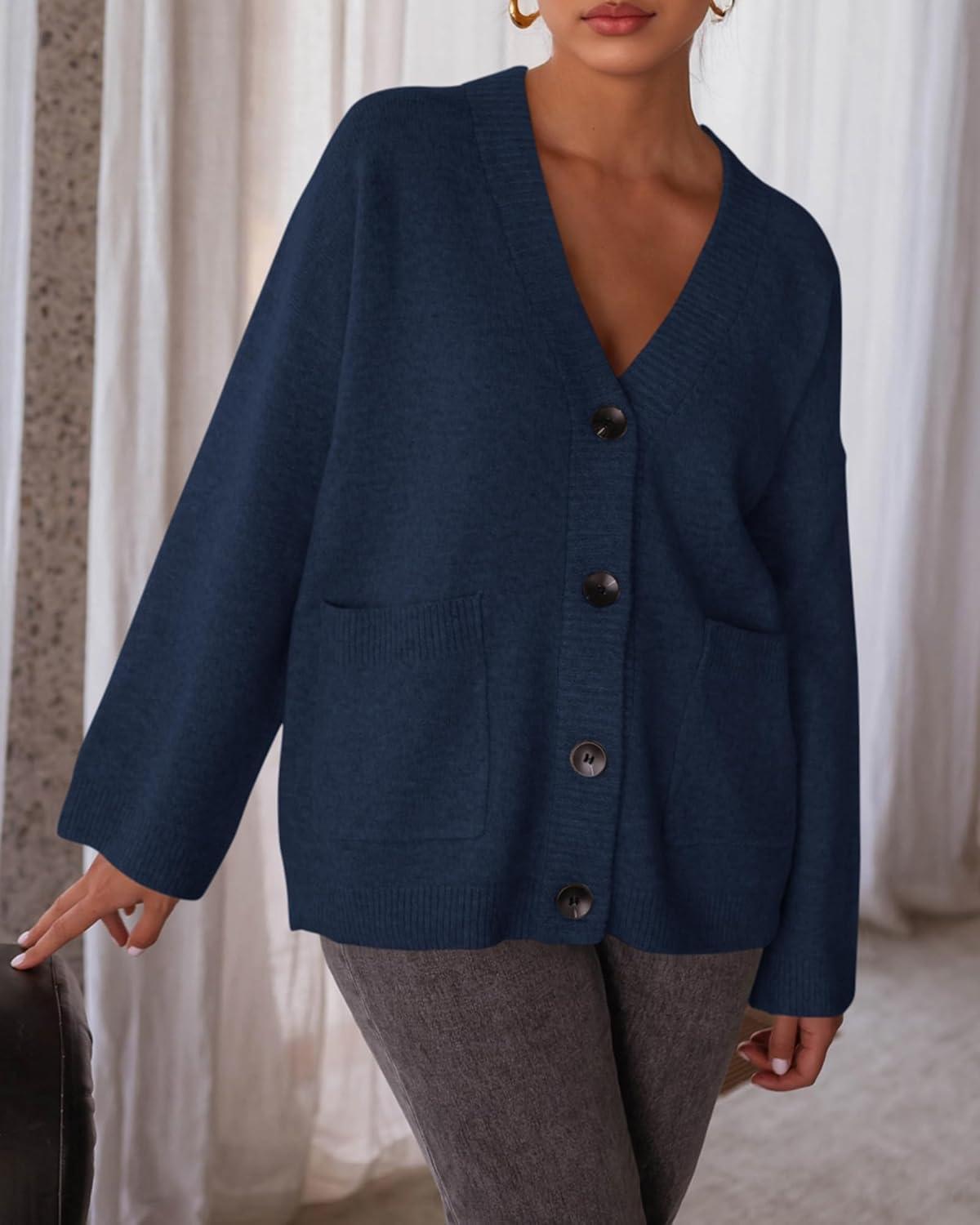 imageBTFBM Oversized Cardigan Sweaters for Women Trendy Fall Fashion 2025 Button Down Long Sleeve Chunky Knit CardigansNavy Blue