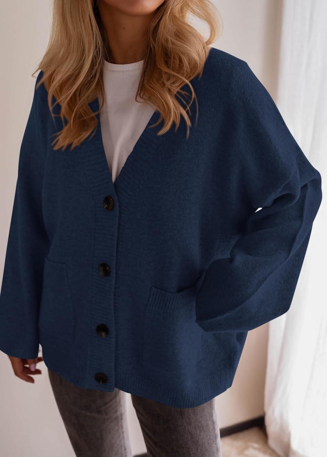 imageBTFBM Oversized Cardigan Sweaters for Women Trendy Fall Fashion 2025 Button Down Long Sleeve Chunky Knit CardigansNavy Blue