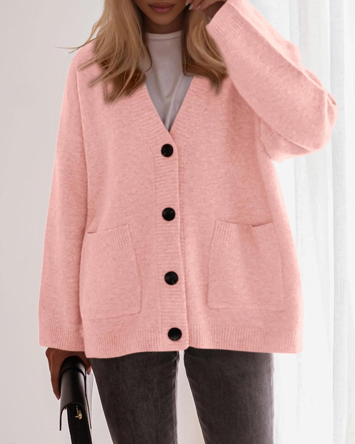 imageBTFBM Oversized Cardigan Sweaters for Women Trendy Fall Fashion 2025 Button Down Long Sleeve Chunky Knit CardigansPink