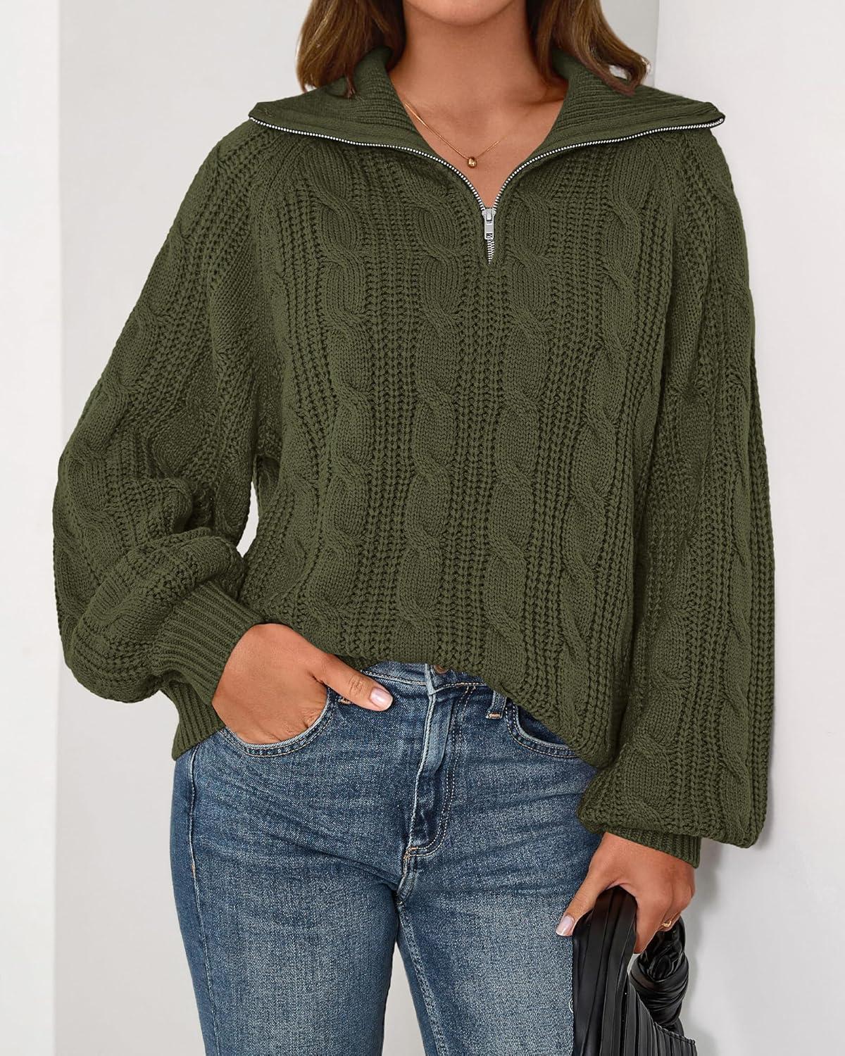 imageBTFBM Sweaters for Women Fall Fashion 2025 Loose Quarter Zip Pullover Collared Long Sleeve Cable Knit Winter ClothesArmy Green