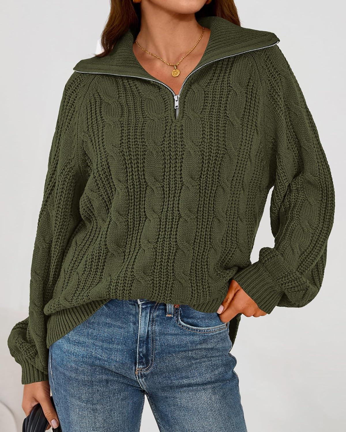 imageBTFBM Sweaters for Women Fall Fashion 2025 Loose Quarter Zip Pullover Collared Long Sleeve Cable Knit Winter ClothesArmy Green