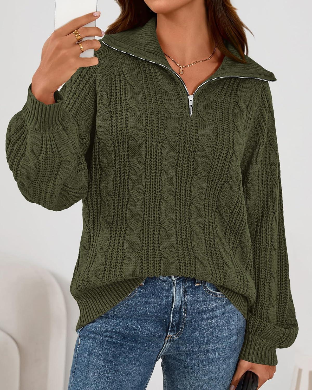 imageBTFBM Sweaters for Women Fall Fashion 2025 Loose Quarter Zip Pullover Collared Long Sleeve Cable Knit Winter ClothesArmy Green