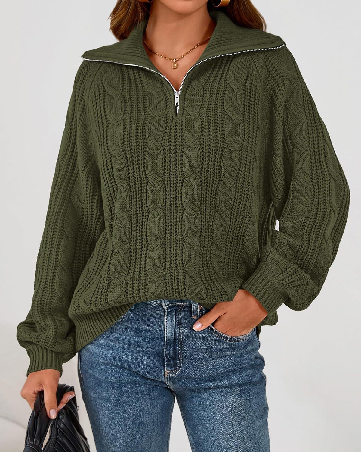 imageBTFBM Sweaters for Women Fall Fashion 2025 Loose Quarter Zip Pullover Collared Long Sleeve Cable Knit Winter ClothesArmy Green