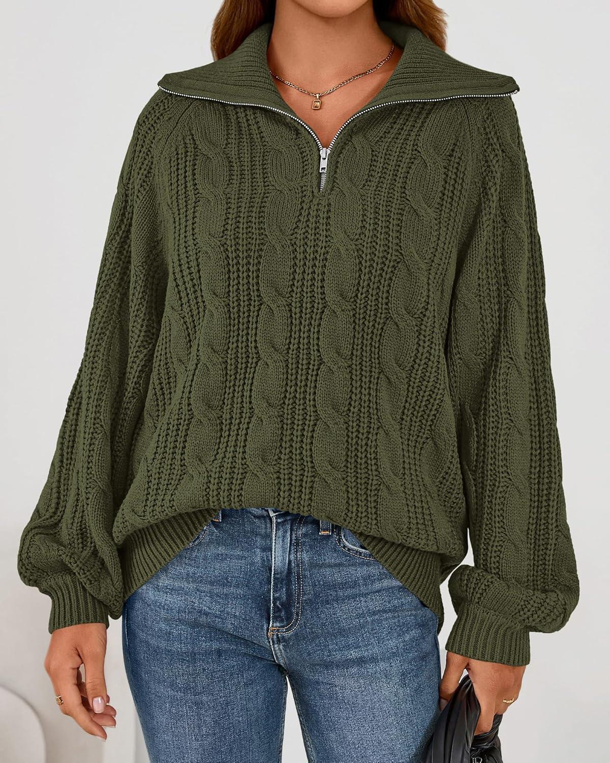 imageBTFBM Sweaters for Women Fall Fashion 2025 Loose Quarter Zip Pullover Collared Long Sleeve Cable Knit Winter ClothesArmy Green