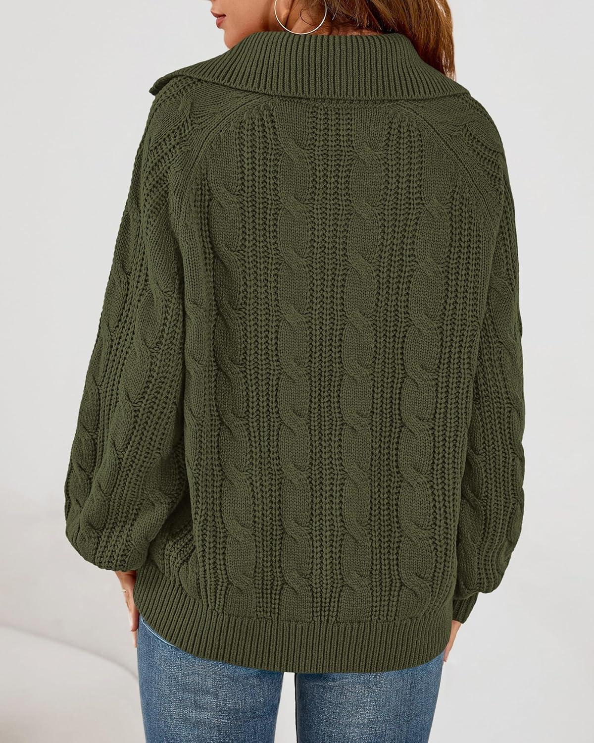 imageBTFBM Sweaters for Women Fall Fashion 2025 Loose Quarter Zip Pullover Collared Long Sleeve Cable Knit Winter ClothesArmy Green