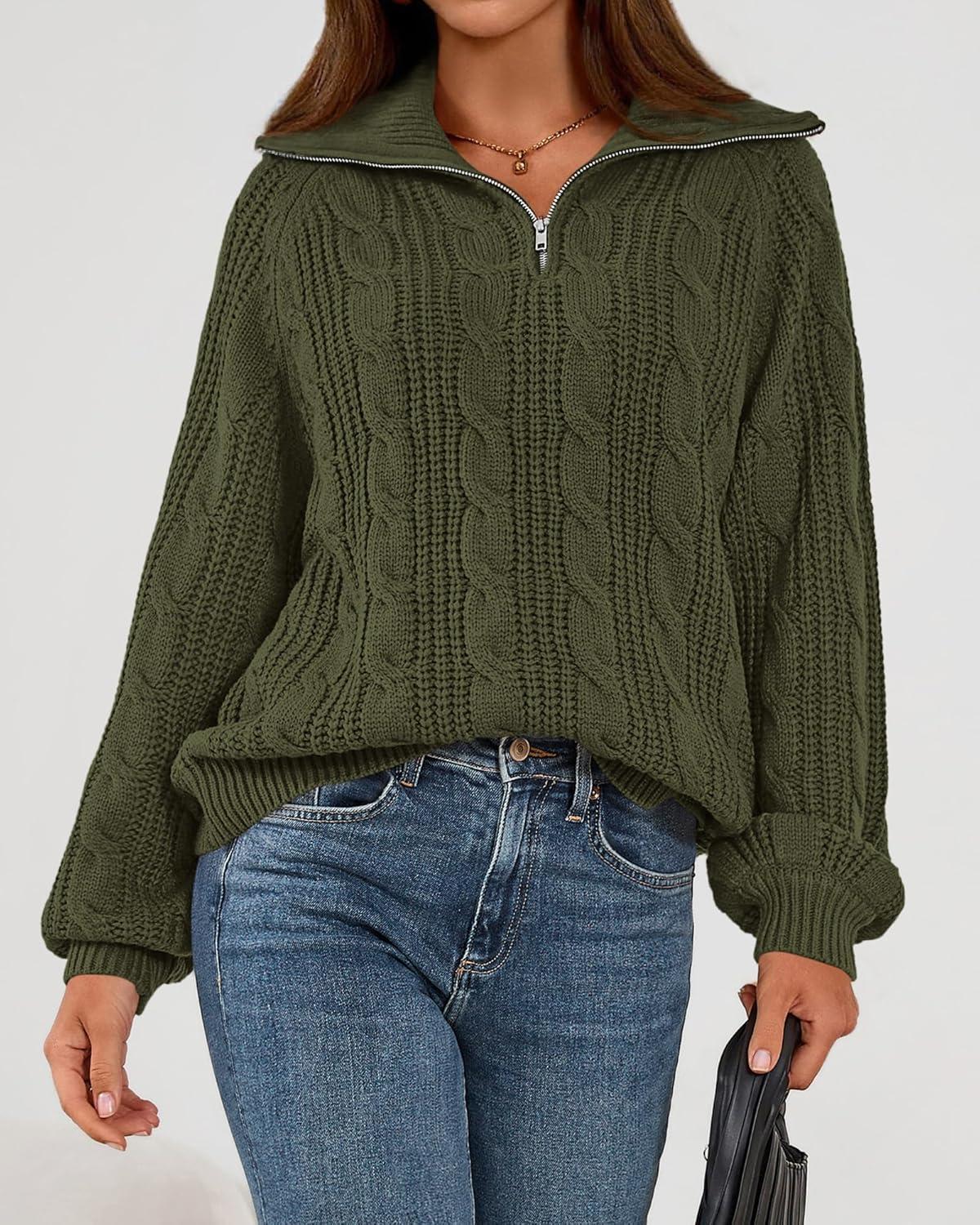 imageBTFBM Sweaters for Women Fall Fashion 2025 Loose Quarter Zip Pullover Collared Long Sleeve Cable Knit Winter ClothesArmy Green