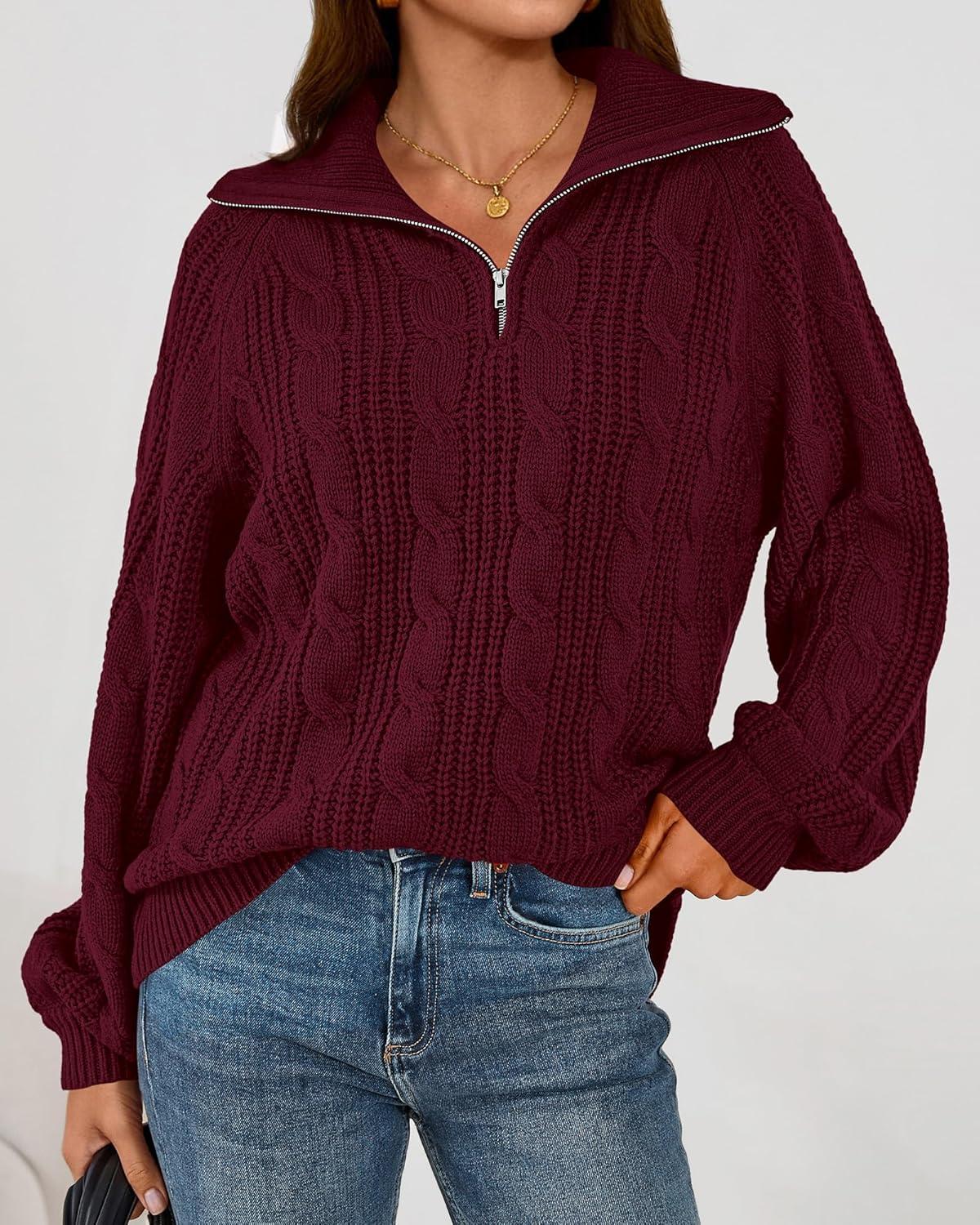 imageBTFBM Sweaters for Women Fall Fashion 2025 Loose Quarter Zip Pullover Collared Long Sleeve Cable Knit Winter ClothesBurgundy