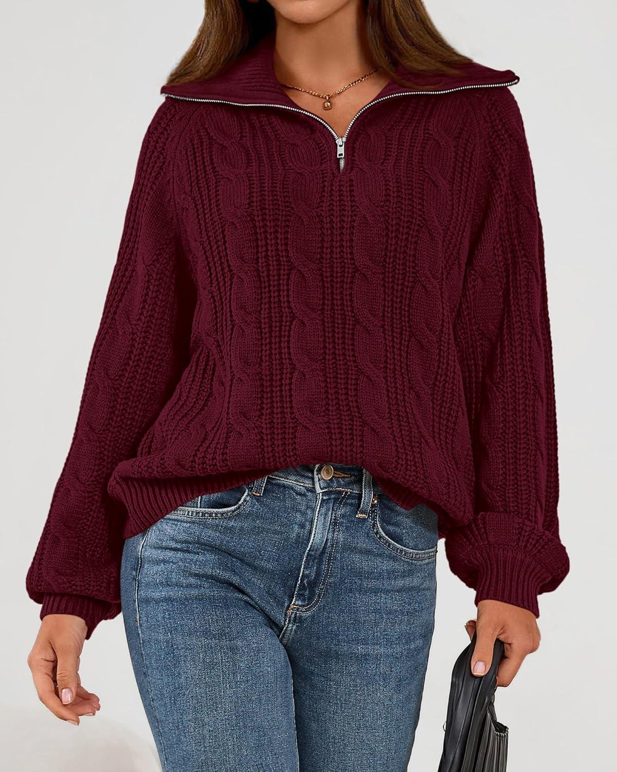 imageBTFBM Sweaters for Women Fall Fashion 2025 Loose Quarter Zip Pullover Collared Long Sleeve Cable Knit Winter ClothesBurgundy