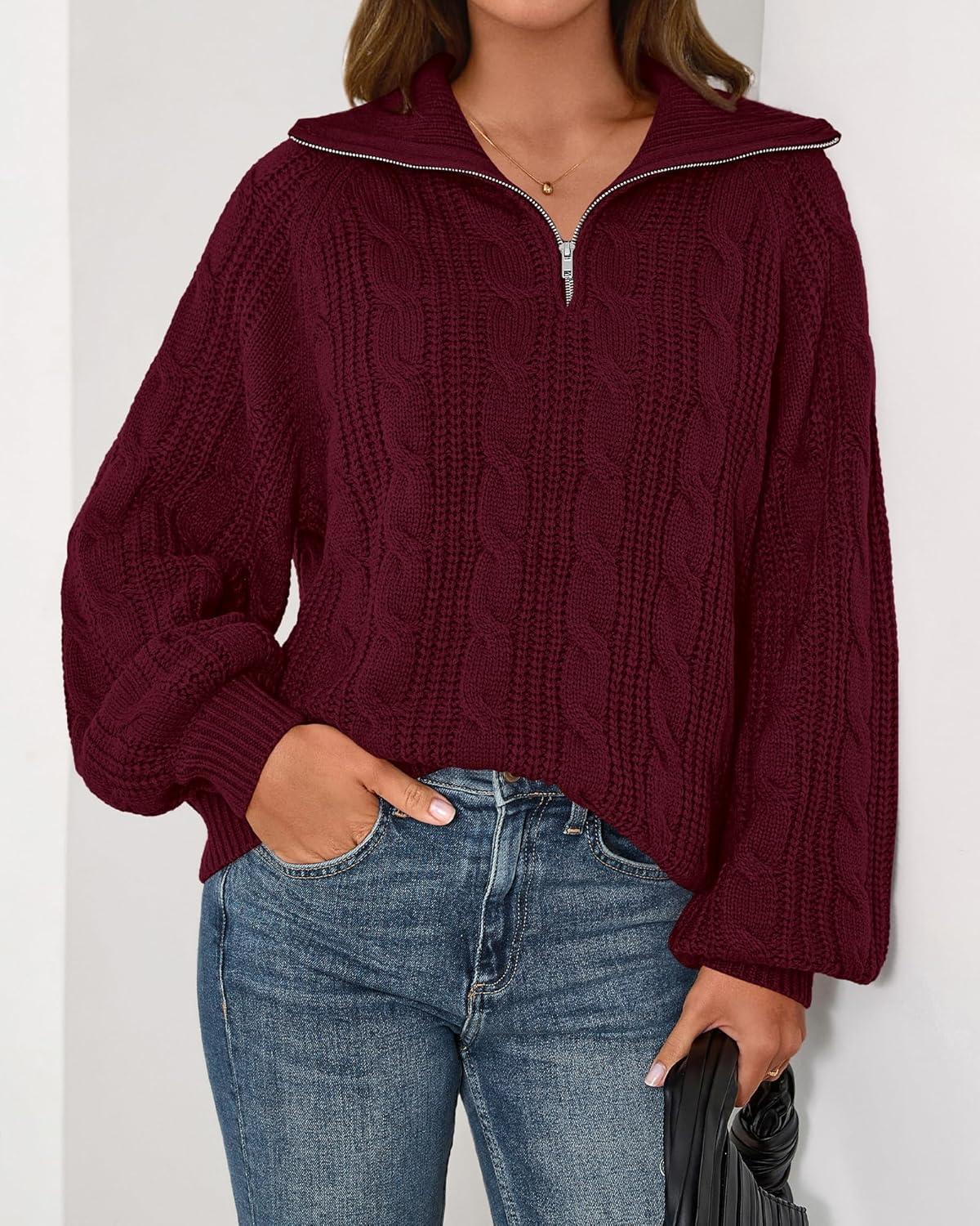 imageBTFBM Sweaters for Women Fall Fashion 2025 Loose Quarter Zip Pullover Collared Long Sleeve Cable Knit Winter ClothesBurgundy