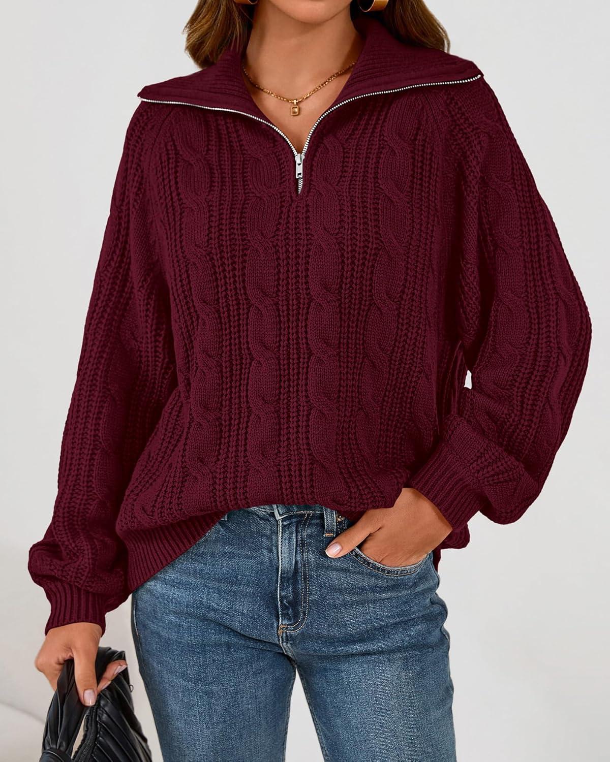 imageBTFBM Sweaters for Women Fall Fashion 2025 Loose Quarter Zip Pullover Collared Long Sleeve Cable Knit Winter ClothesBurgundy