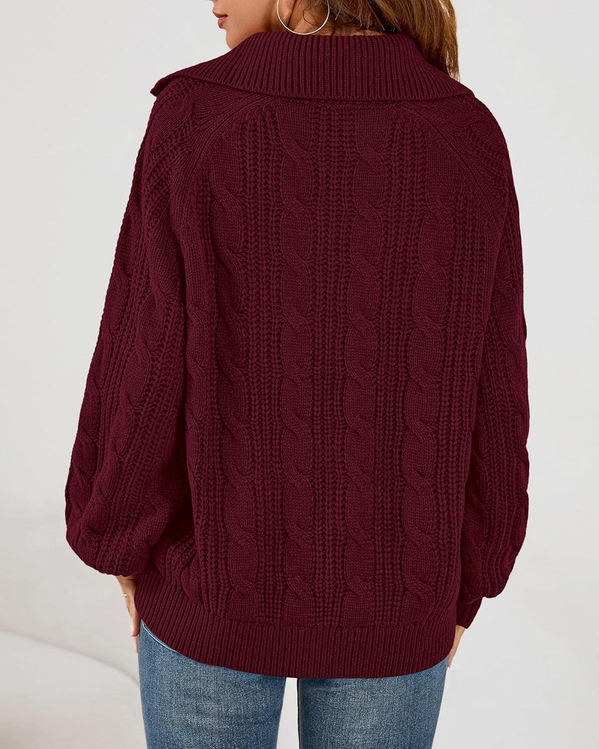 imageBTFBM Sweaters for Women Fall Fashion 2025 Loose Quarter Zip Pullover Collared Long Sleeve Cable Knit Winter ClothesBurgundy