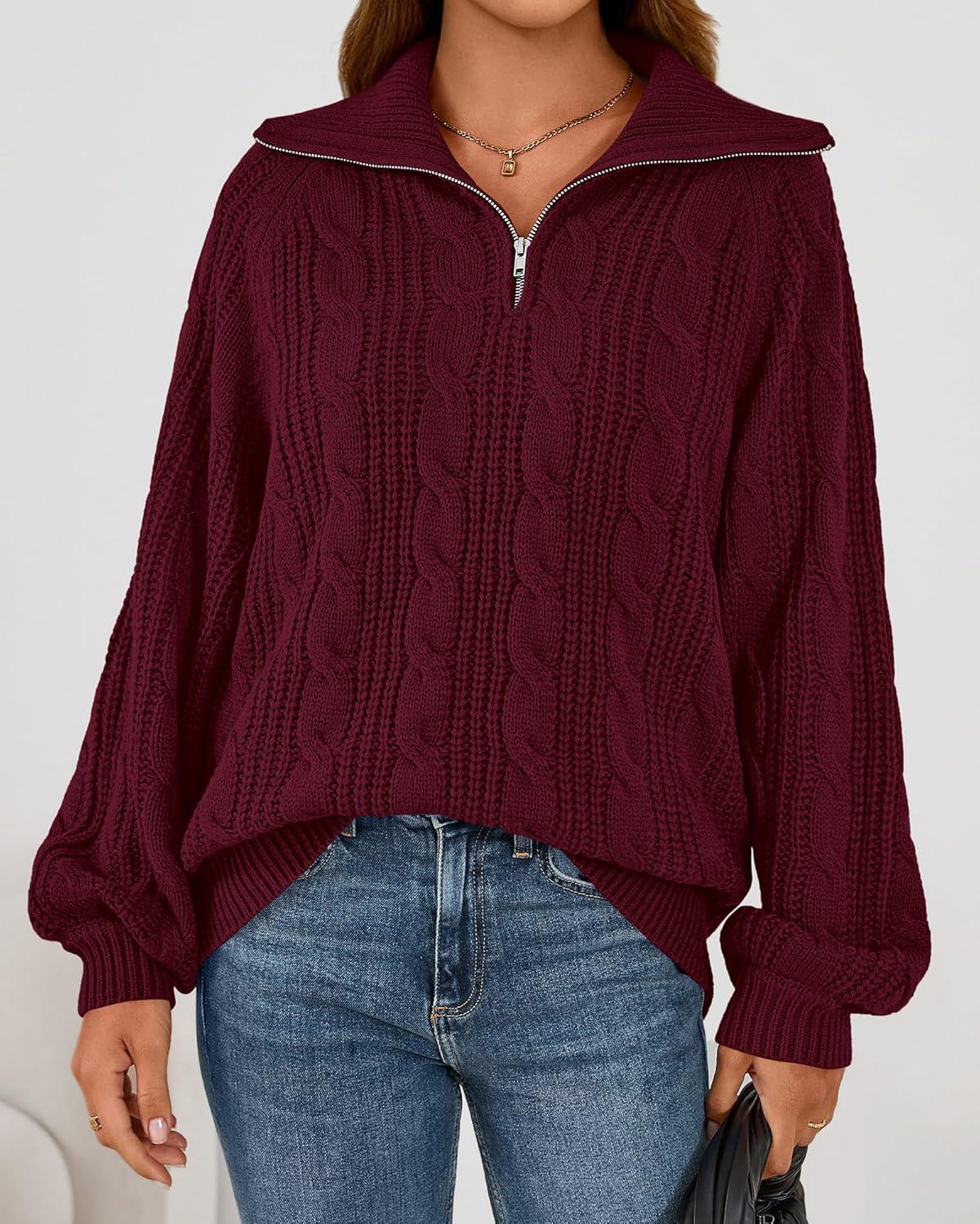 imageBTFBM Sweaters for Women Fall Fashion 2025 Loose Quarter Zip Pullover Collared Long Sleeve Cable Knit Winter ClothesBurgundy