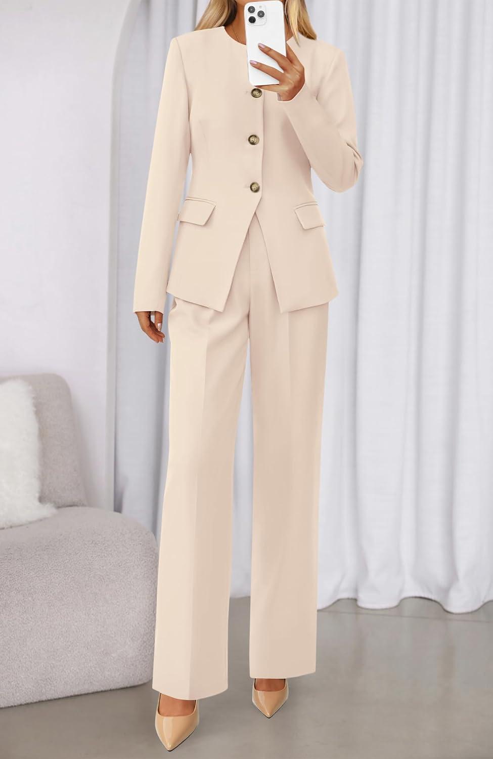 imageBTFBM Two Piece Set for Women Spring Fashion 2026 Business Casual Long Sleeve Blazer Jackets Wide Leg Pant Suits PocketsBeige