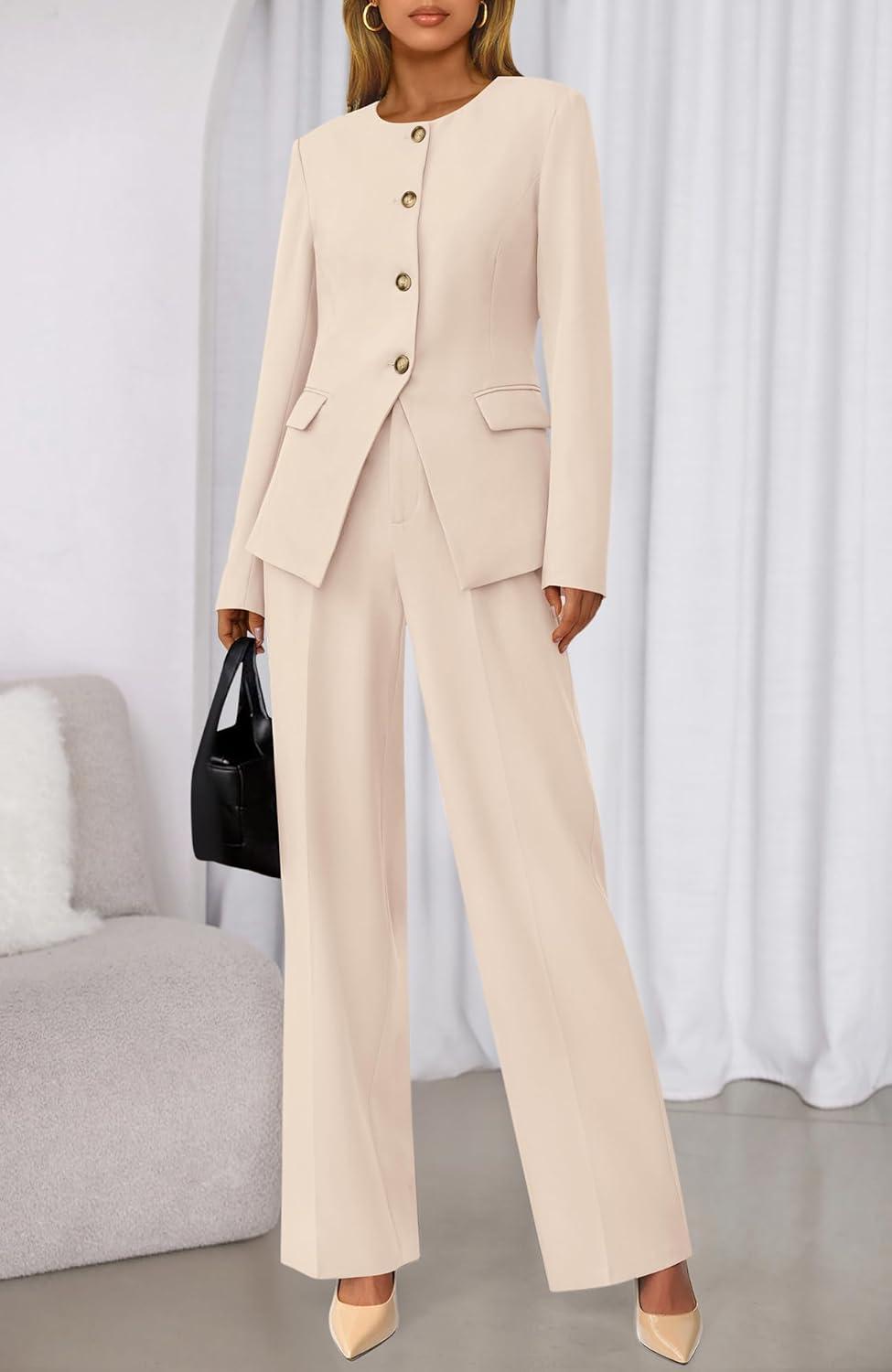 imageBTFBM Two Piece Set for Women Spring Fashion 2026 Business Casual Long Sleeve Blazer Jackets Wide Leg Pant Suits PocketsBeige