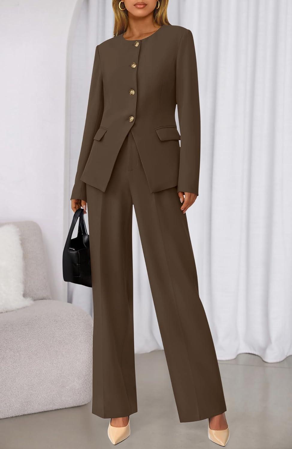 imageBTFBM Two Piece Set for Women Spring Fashion 2026 Business Casual Long Sleeve Blazer Jackets Wide Leg Pant Suits PocketsBrown