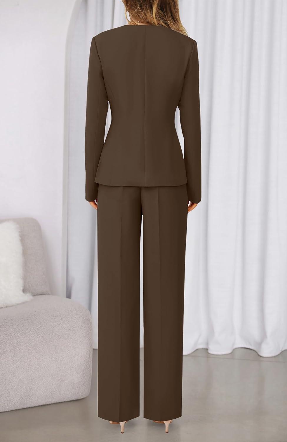 imageBTFBM Two Piece Set for Women Spring Fashion 2026 Business Casual Long Sleeve Blazer Jackets Wide Leg Pant Suits PocketsBrown