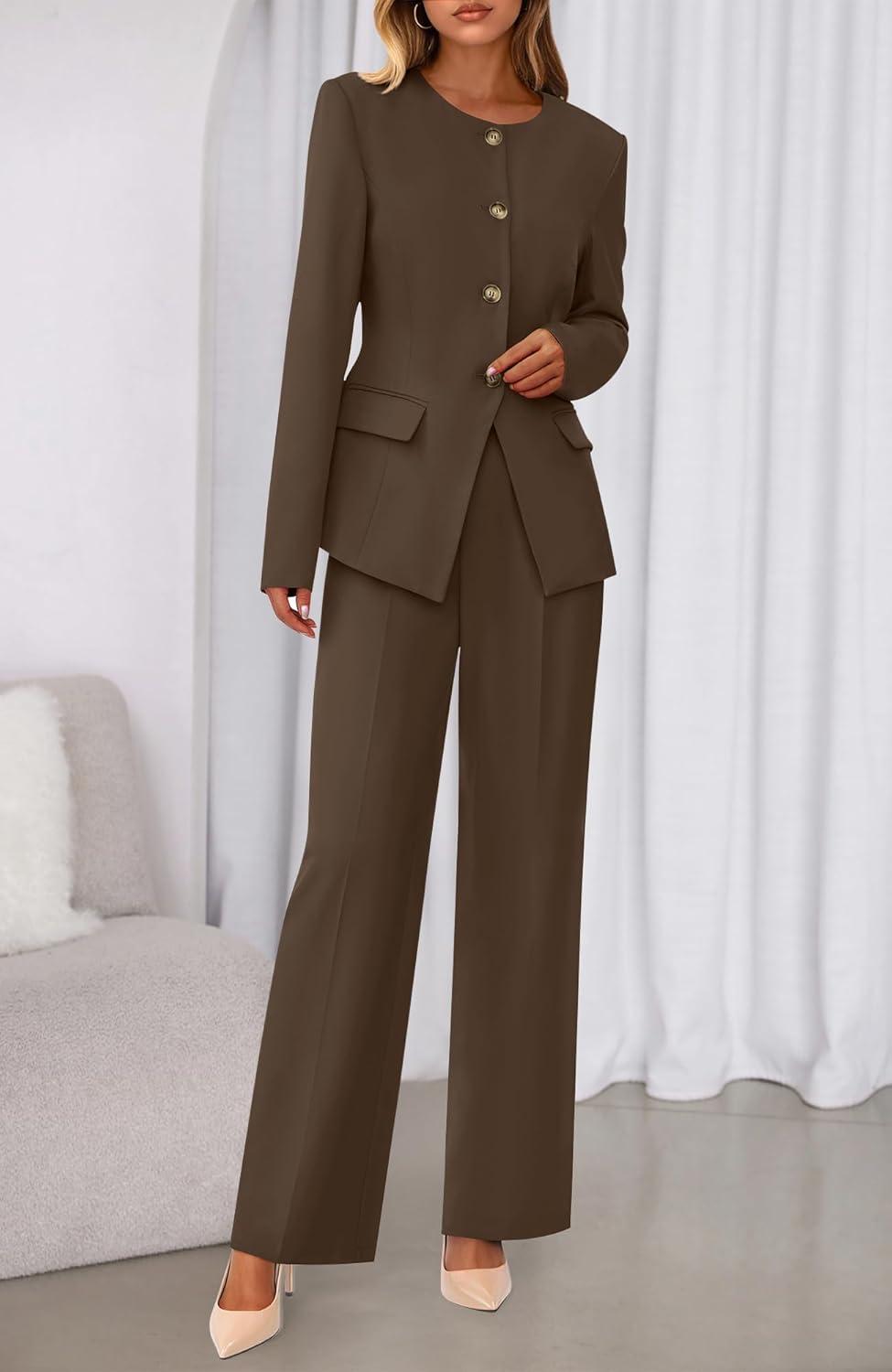 imageBTFBM Two Piece Set for Women Spring Fashion 2026 Business Casual Long Sleeve Blazer Jackets Wide Leg Pant Suits PocketsBrown