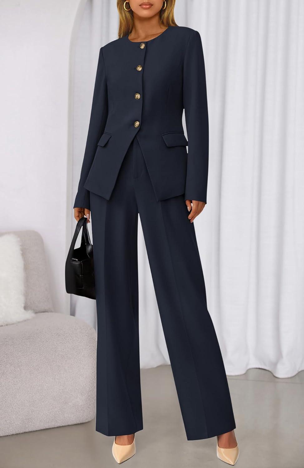 imageBTFBM Two Piece Set for Women Spring Fashion 2026 Business Casual Long Sleeve Blazer Jackets Wide Leg Pant Suits PocketsNavy Blue