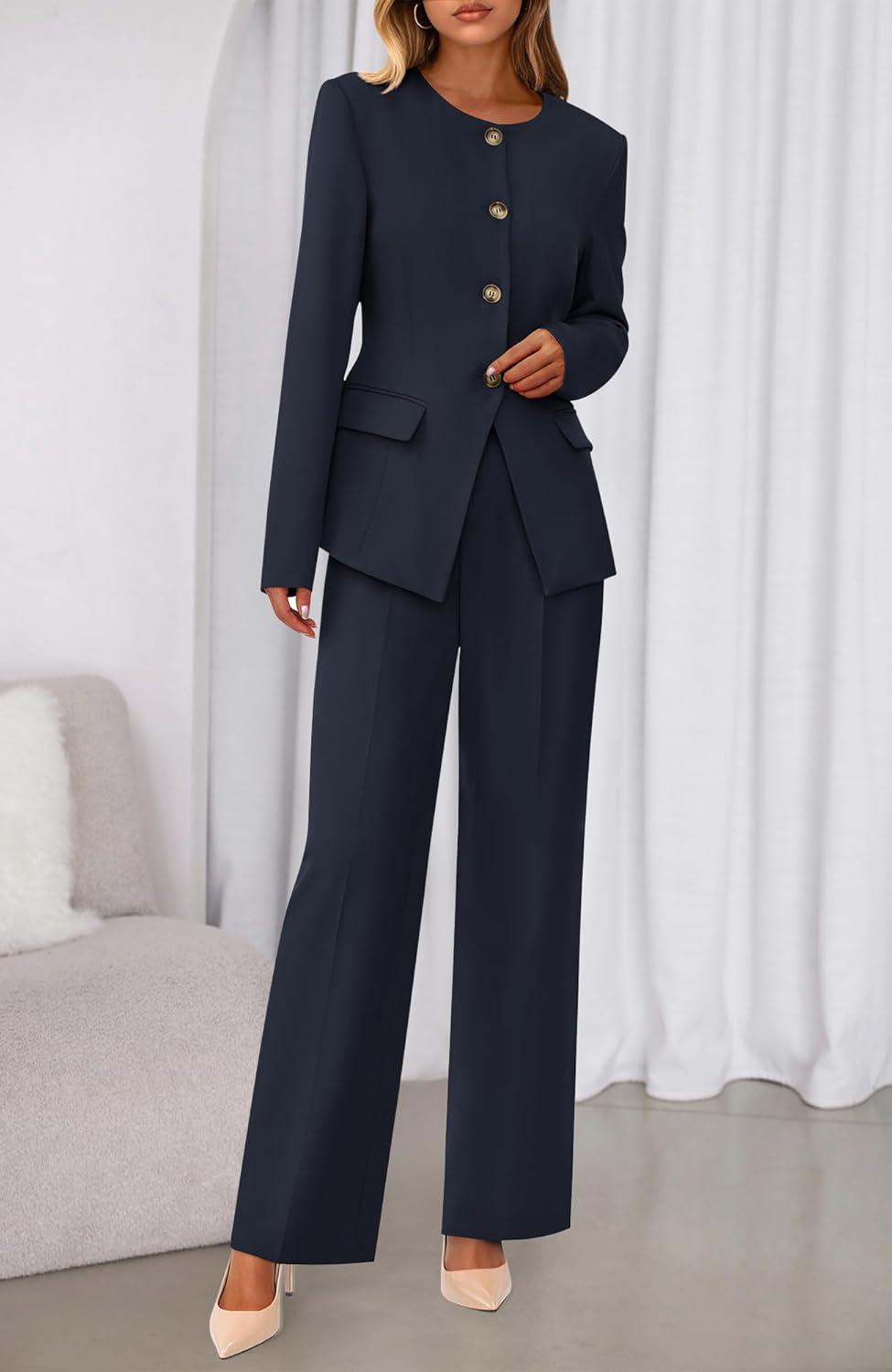 imageBTFBM Two Piece Set for Women Spring Fashion 2026 Business Casual Long Sleeve Blazer Jackets Wide Leg Pant Suits PocketsNavy Blue