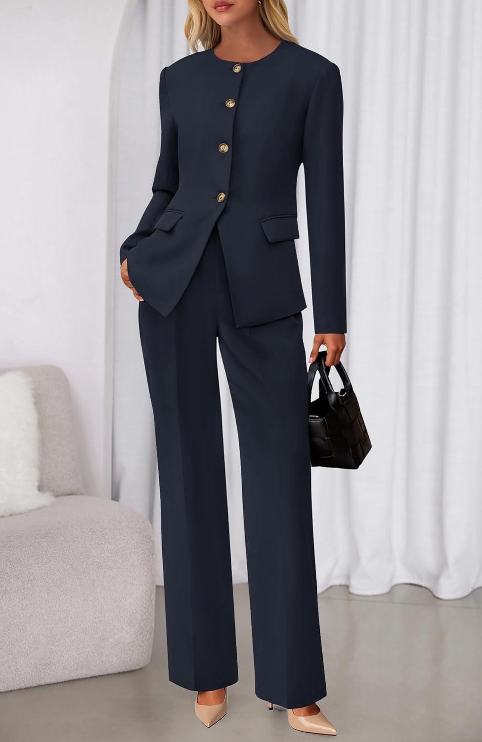 imageBTFBM Two Piece Set for Women Spring Fashion 2026 Business Casual Long Sleeve Blazer Jackets Wide Leg Pant Suits PocketsNavy Blue