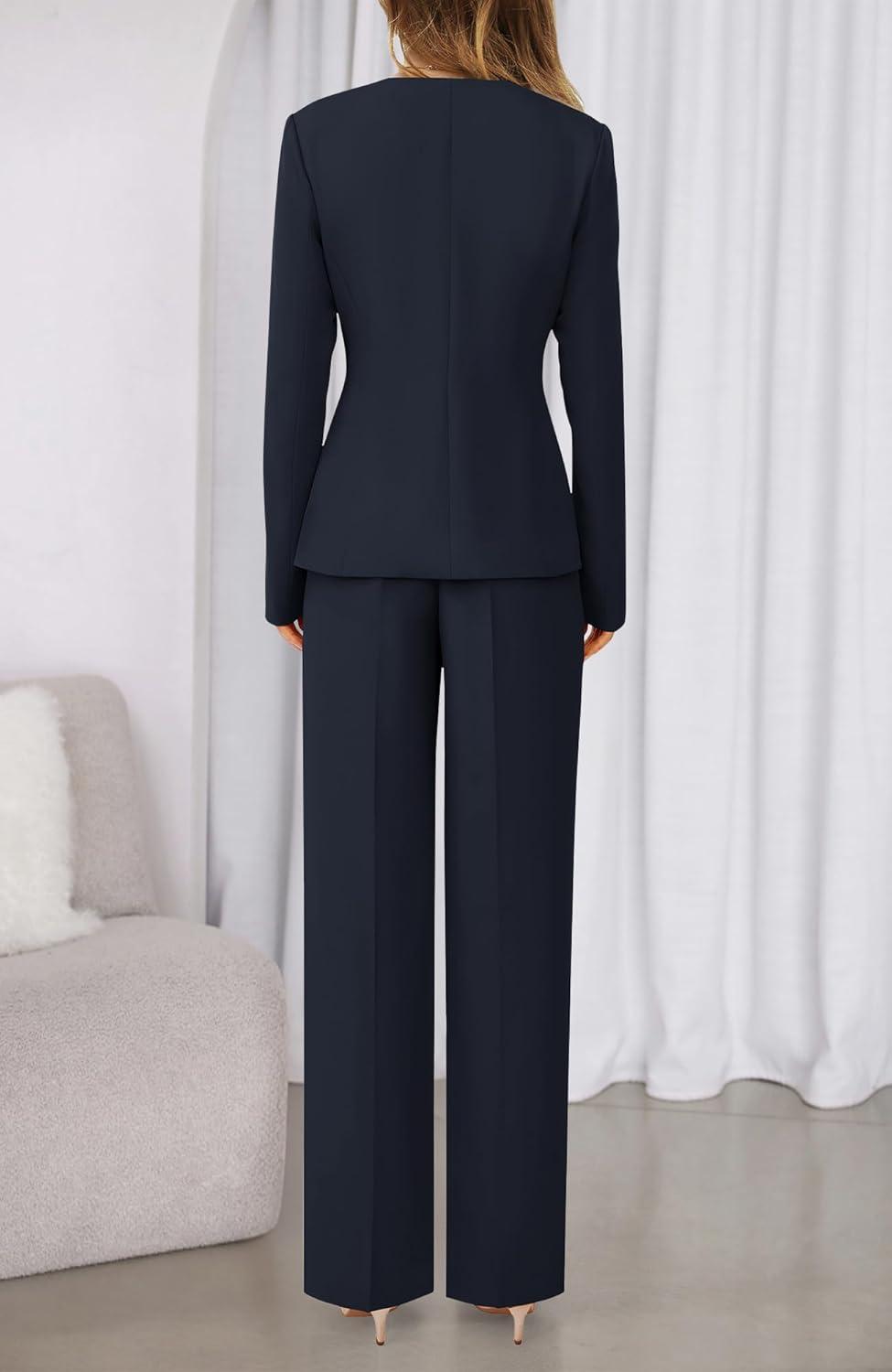 imageBTFBM Two Piece Set for Women Spring Fashion 2026 Business Casual Long Sleeve Blazer Jackets Wide Leg Pant Suits PocketsNavy Blue