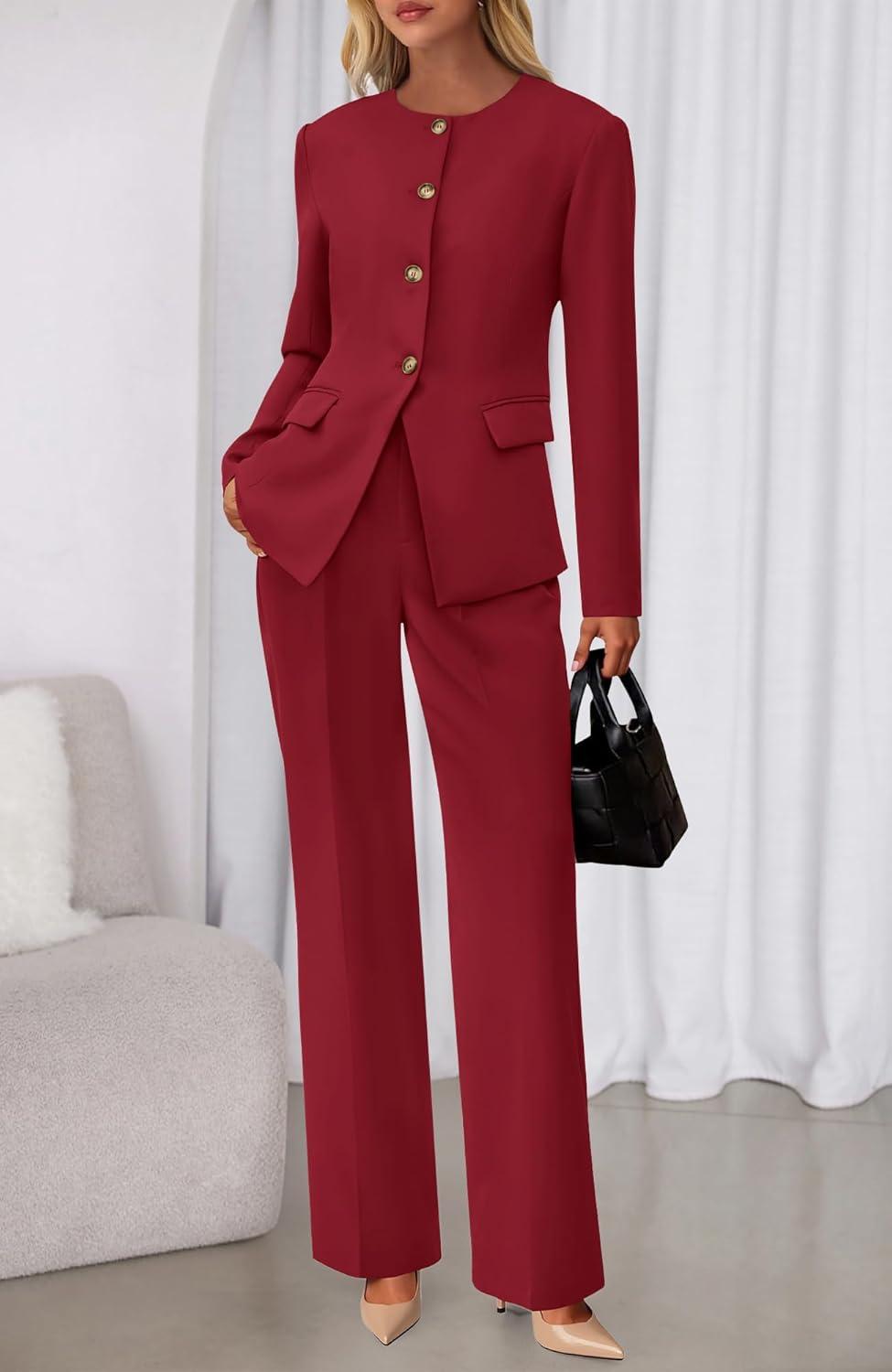 imageBTFBM Two Piece Set for Women Spring Fashion 2026 Business Casual Long Sleeve Blazer Jackets Wide Leg Pant Suits PocketsRed