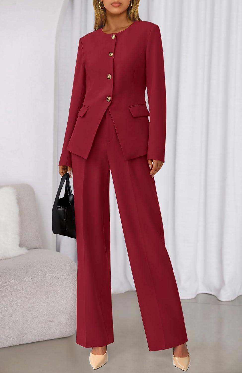 imageBTFBM Two Piece Set for Women Spring Fashion 2026 Business Casual Long Sleeve Blazer Jackets Wide Leg Pant Suits PocketsRed