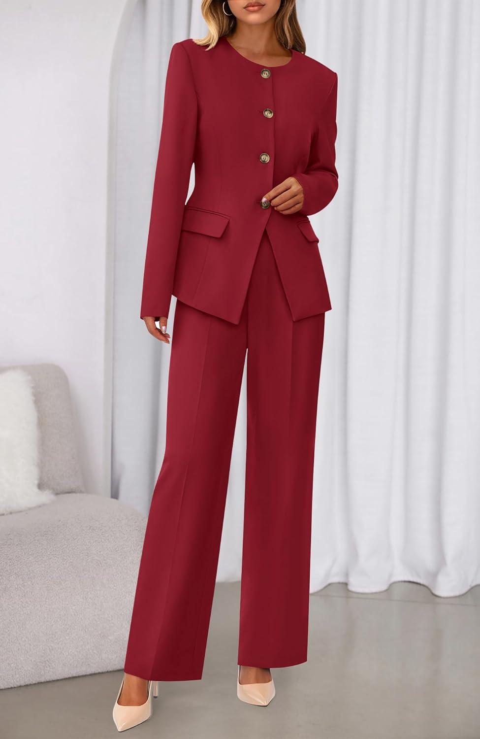 imageBTFBM Two Piece Set for Women Spring Fashion 2026 Business Casual Long Sleeve Blazer Jackets Wide Leg Pant Suits PocketsRed