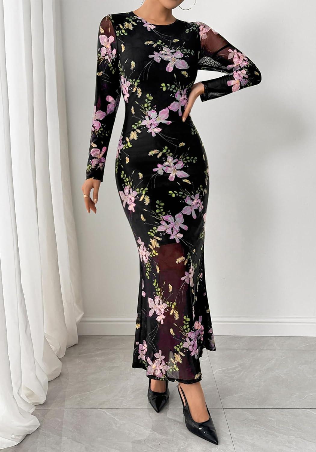 imageBTFBM Wedding Guest Dresses for Women Spring Fashion 2026 Bodycon Crew Neck Long Sleeve Boho Mesh Floral Maxi Fall DressBlack Pink