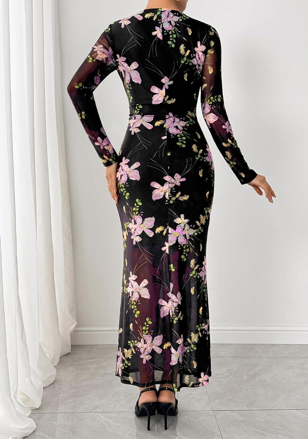 imageBTFBM Wedding Guest Dresses for Women Spring Fashion 2026 Bodycon Crew Neck Long Sleeve Boho Mesh Floral Maxi Fall DressBlack Pink