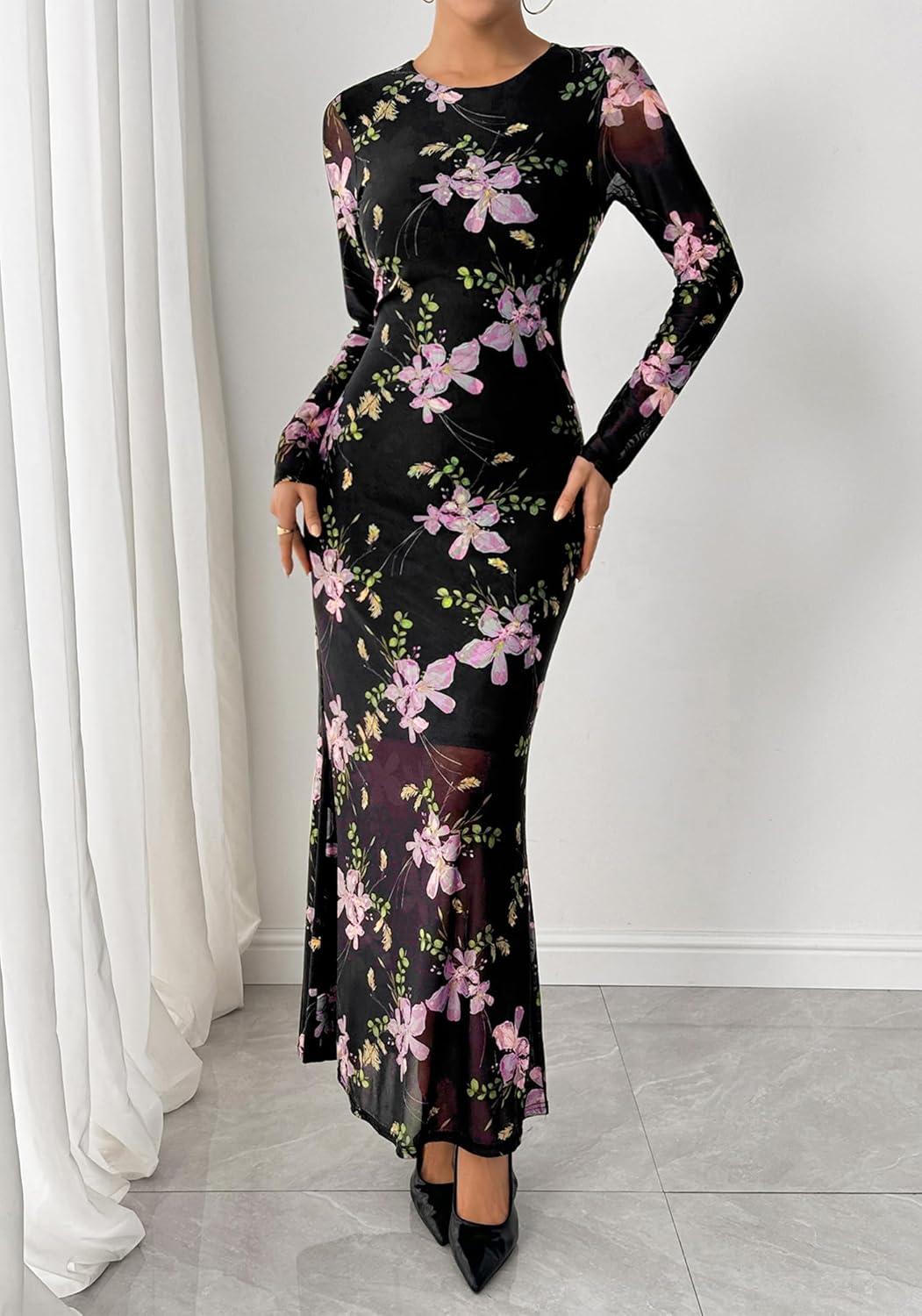 imageBTFBM Wedding Guest Dresses for Women Spring Fashion 2026 Bodycon Crew Neck Long Sleeve Boho Mesh Floral Maxi Fall DressBlack Pink
