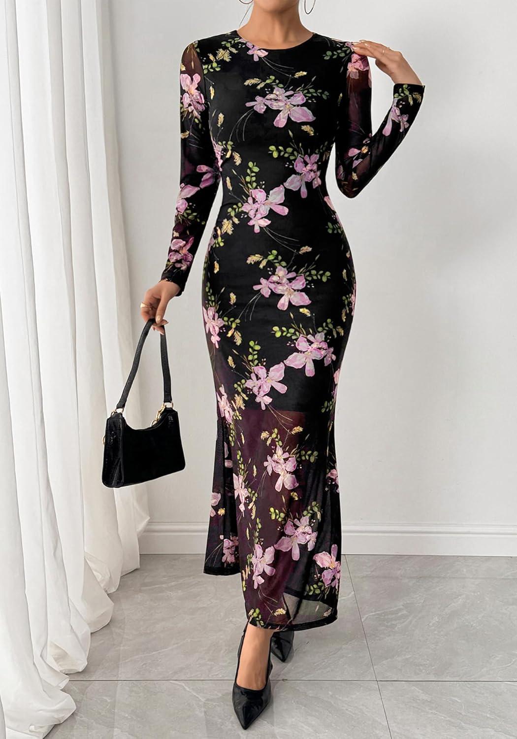 imageBTFBM Wedding Guest Dresses for Women Spring Fashion 2026 Bodycon Crew Neck Long Sleeve Boho Mesh Floral Maxi Fall DressBlack Pink
