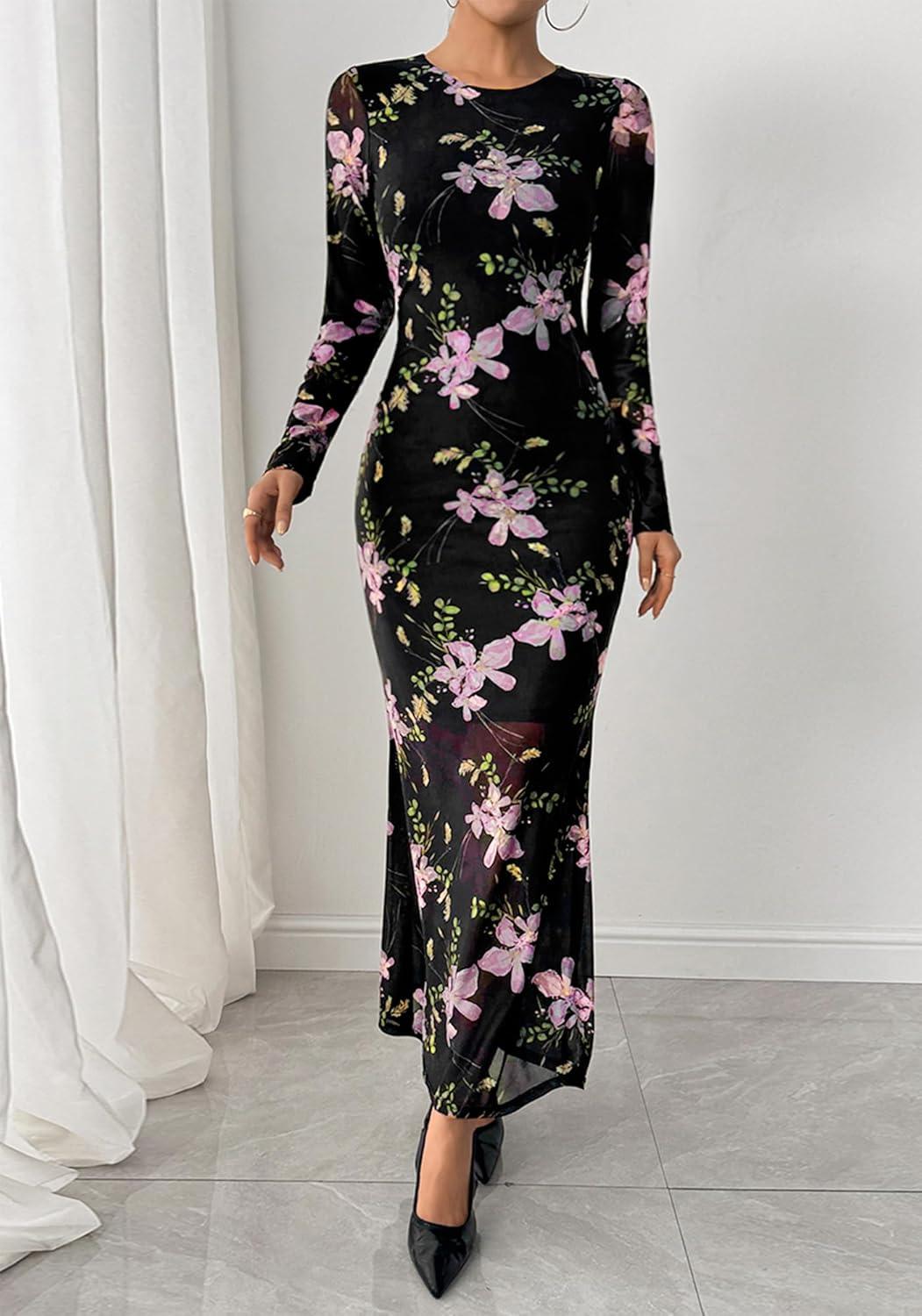 imageBTFBM Wedding Guest Dresses for Women Spring Fashion 2026 Bodycon Crew Neck Long Sleeve Boho Mesh Floral Maxi Fall DressBlack Pink