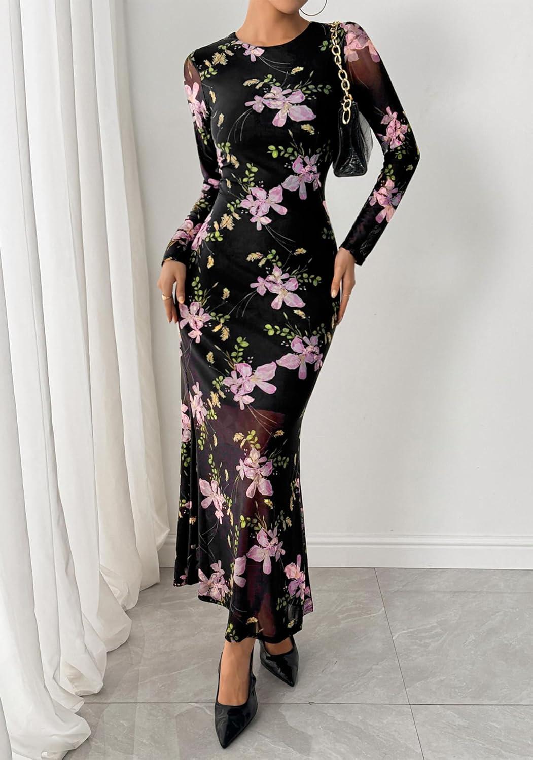 imageBTFBM Wedding Guest Dresses for Women Spring Fashion 2026 Bodycon Crew Neck Long Sleeve Boho Mesh Floral Maxi Fall DressBlack Pink